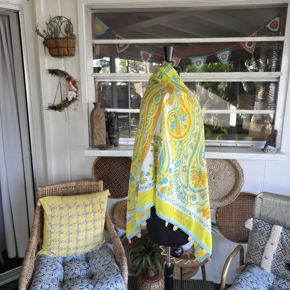 Vintage Huge Scarf Wrap Crochet Trim Resortwear Yellow Paisley Scarf